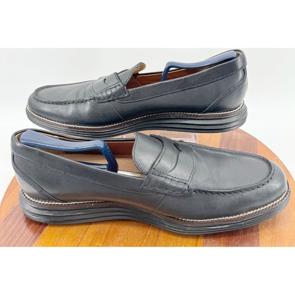 Cole Haan Mens Grand OS Leather Penny Loafers Dress Shoes Size 10 Black Preppy - Picture 1 of 9